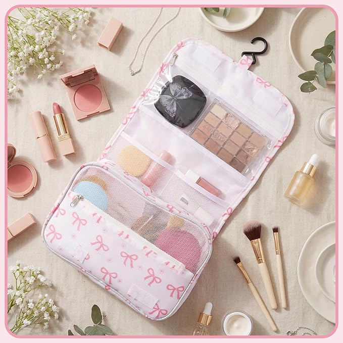 Pengxiaomei Hanging Toiletry Bag, Pink Bow Waterproof Cosmetic Bag Portable Makeup Pouch Wash Bag with Handle for Kids Teen Girls Tea Party Spring Party Mothers Day Gifts