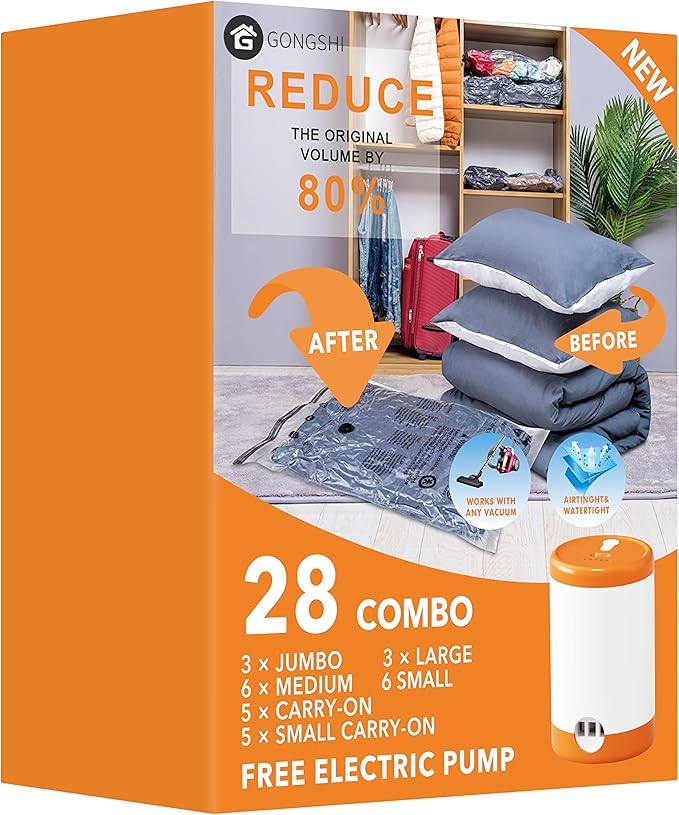 GONGSHI Vacuum Storage Bags, Space Saver Bags for Clothing,Blankets,Comforters, Pillows, Clothes,Travel,28 Combo-EPUMP