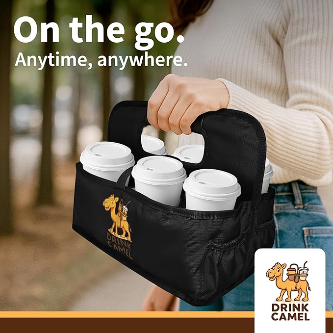 Reusable Drink Carrier with Handle – Durable No-Spill Insulated & Collapsible Beverage Bag with Pockets, Portable Caddy for On-the-Go Delivery, Travel & Car Use (6 Cup Carrier, Jet Black)