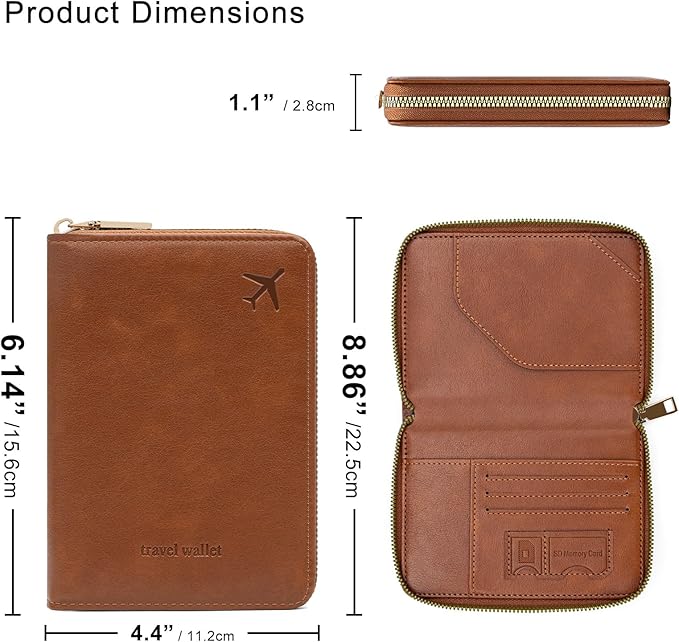 defway Passport Holder Travel Wallet - RFID Blocking Passport Holder Wallet, Full Zip Travel Card Cover with RFID Protection, Multi Slot Organizer for Cards Cash Documents Travel Essentials (Brown)