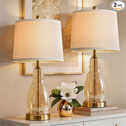 ROTTOGOON Glass Table Lamp Set of 2, Modern Table Lamps for Living Room Bedroom, Bedside Desk Lamps Vintage Nightstand Lamps with Linen Shades, 22", Champagne