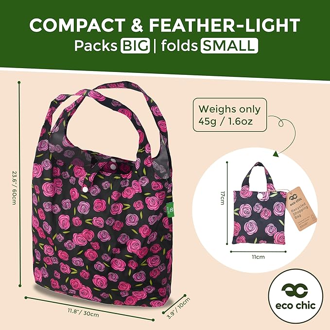ECO CHIC Foldable Reusable Grocery Bags - Lightweight, Recycled & Reusable Shopping Bag - Waterproof Packable Tote