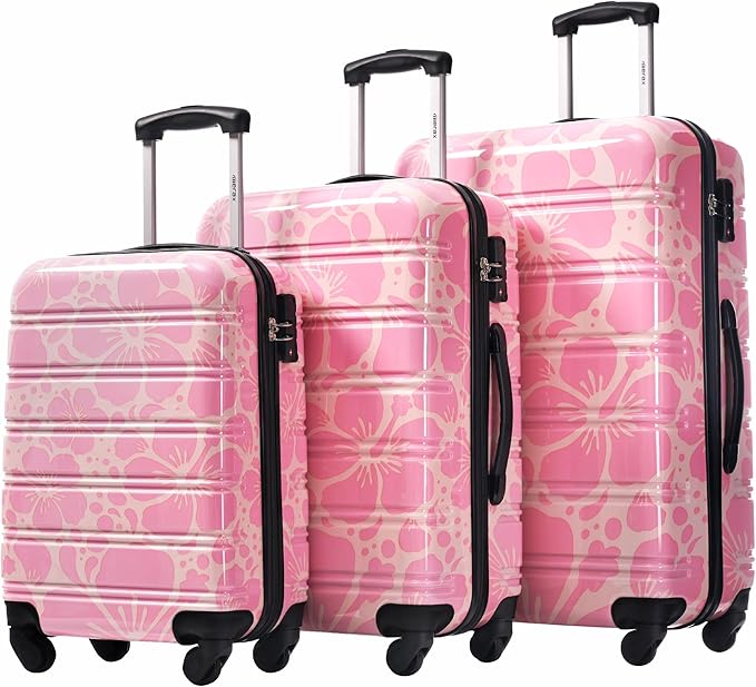 Merax Suitcase Set, Hardshell Luggage Sets 3 Piece with Spinner Wheels, Durable Printing Suitcase with TSA Lock Lightweight 20" 24" 28",Pink
