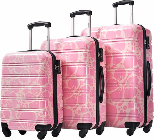 Merax Suitcase Set, Hardshell Luggage Sets 3 Piece with Spinner Wheels, Durable Printing Suitcase with TSA Lock Lightweight 20" 24" 28",Pink