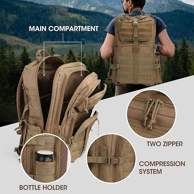 REEWBOW GEAR 40L Military Tactical Backpack For Men 3 Day Survival Heavy Duty Daypack MOLLE Bug Out Bag Hiking Rucksack (Tan with Bottle Holder)