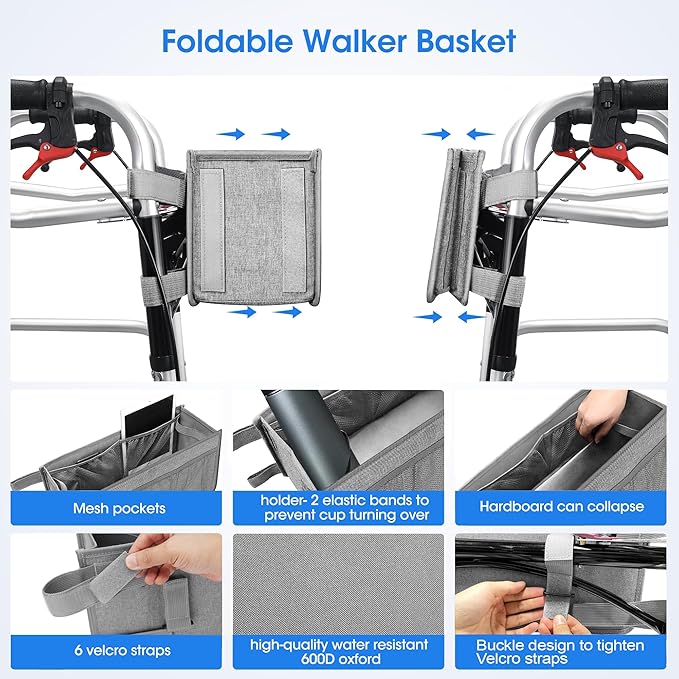 Dotday Upgraded Walker Basket with Cup Holder, Foldable Walker Bag with Large Capacity & Never Tipping Over, Not Fit for Rollator - Grey