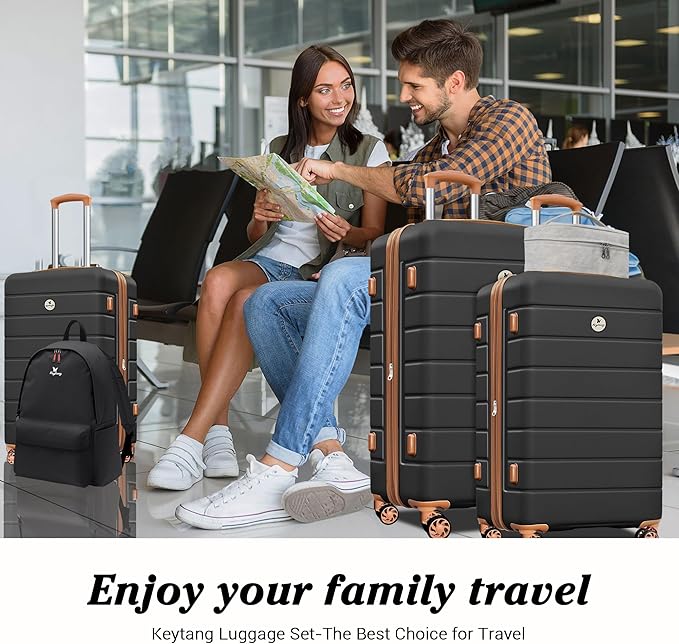 Classic Lightweight Hardside Expandable Spinner Wheels Luggage Suitcase W/TSA Lock 3-Piece Set with Backpack and Cosmetic Makeup Bag (5 Piece Set,Black Brown)