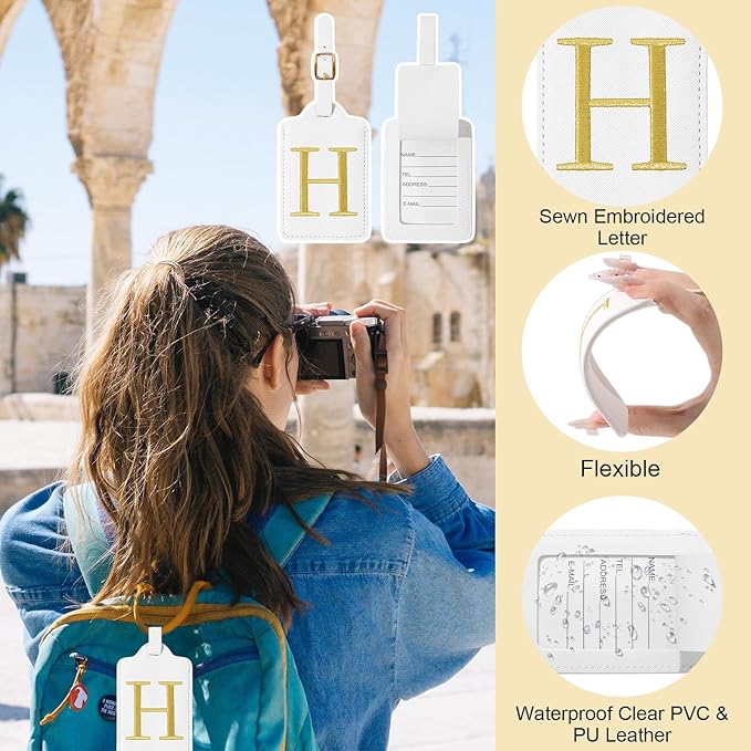 Initial Luggage Tags for Suitcases, Cute Embroidered Letter Luggage Bag Suitcase Identifier Name Baggage Tag, PU Leather Travel Luggage Tags, Bag Tags for Men Women Kids Luggage Handbags(White H)