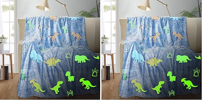 TEHALK Dinosaur Glow in The Dark Blanket for Kids, Toddler Blanket for Boys, Dinosaur Gifts for Boys/Kids, Soft Fleece Blanket Throw, Birthday Gifts 40"x60" (Pack of 2)