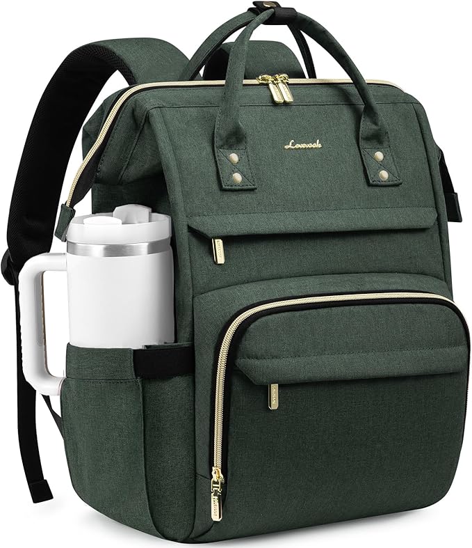 LOVEVOOK Laptop Backpack for Women with Giant Tumbler Holder Pocket,17 inch Waterproof Travel Backpack Purse Computer Laptop Bag,Professional Work College Nurse Teacher Backpack Daypack,Dark Green