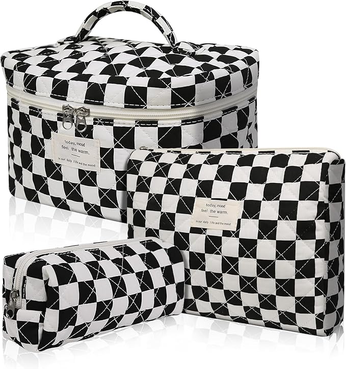 Makeup Bag Set, Quilted Makeup Bag, Large Floral Cosmetic Bag for Women, Cute Cotton Makeup Bags, Flower Travel Toiletry Organizer Bag (Black Checkered)