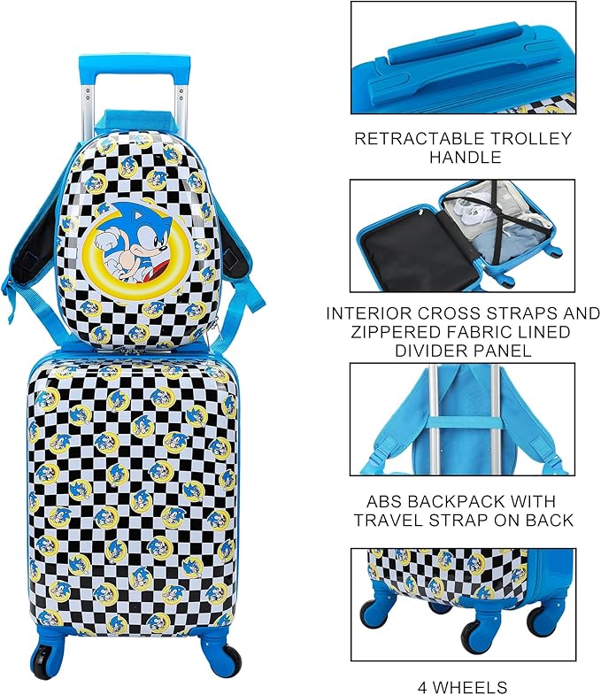 Bioworld Sonic the Hedgehog Kids' 2-Piece Travel Set With Rolling Suitcase And Backpack