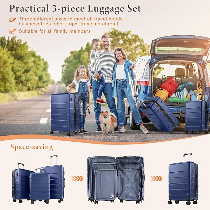 Sweetcrispy Carry on Suitcase Set, Luggage with Spinner Wheels, Hard Shell ABS, TSA Lock, Navy Blue, 3-PCS Set (20/24/28 inch)