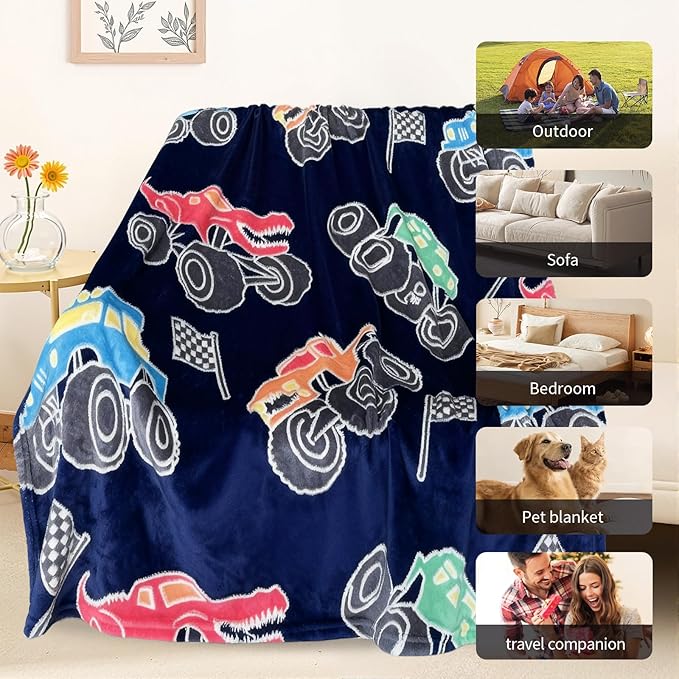 TEHALK Monster Truck Blanket for Boys/Girls/Kids/Toddler/Baby, Monster Truck Toys for Boys Age 3-12, Car Blanket for Birthday/Unique Gifts 50"x 60"