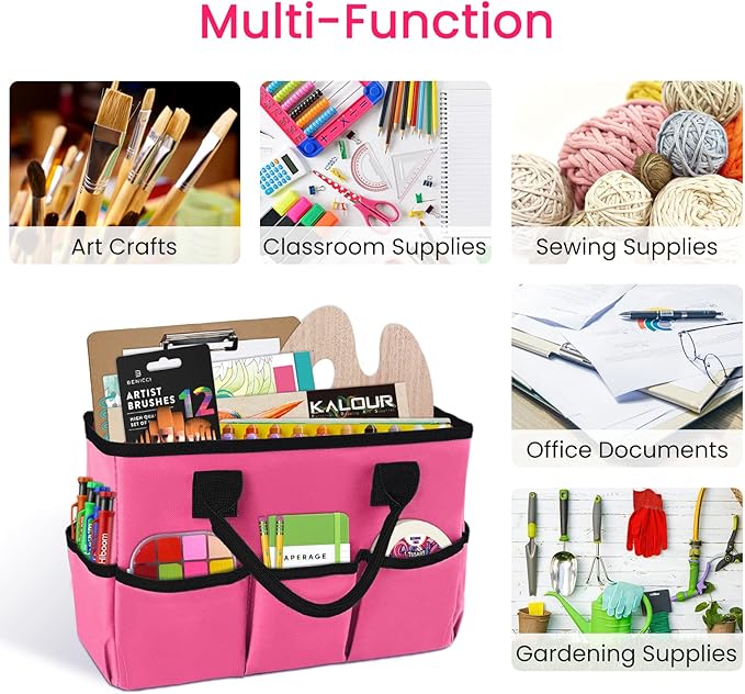 Godery Desktop Tote and Organizer, Teacher Helper Caddy Bag for Arts, Books, Stationery, Office Desk Organization, Make-up Storage with Handles for Travel, Pink