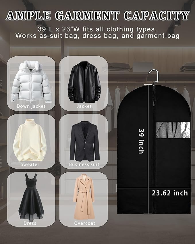 39-Inch Garment Bags for Hanging Clothes, Clear Window Dust-Proof Suit Bags for Suits Coats Dresses - Closet Storage & Travel Garment Covers (Black)