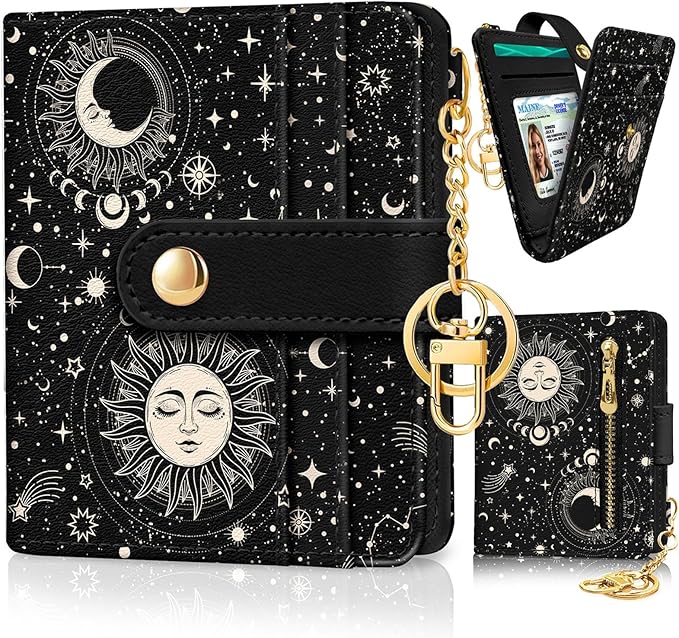 Jogjam Sun and Moon Rfid Women Wallet, Small Slim Thin Credit Card Wallet, PU Leather Bifold Cash Zipper Coin Pocket ID Window for Female Ladies Teen Girls Girly
