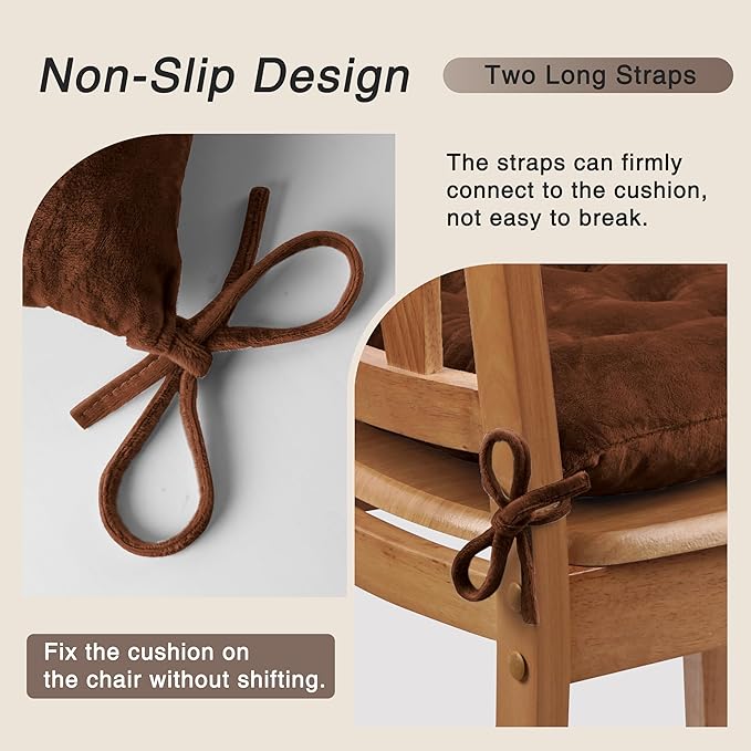 OVOV 4 Pack Chair Cushions for Dining Chairs Soft Seat Cushions for Kitchen Desk Chairs Square Chair Pads with Ties (15.5"x15.5" Coffee)