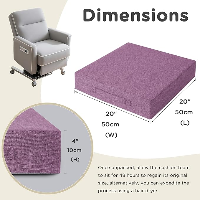 AddGrace Recliner Cushions for Elderly Thick Seat Cushion 20"x20"x4" Chair Pads with Non Slip Backing and Washable Cover for Couch Armchair Chairs Purple