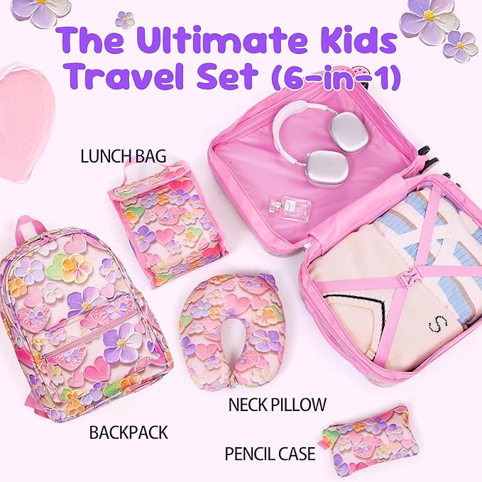 Kid’s Luggage Set 6 Piece Suitcase Set 16’’ Hardside Luggage with Spinner Wheels Girls Boys Carry on Luggage Travel Rolling Luggage Airline Approved