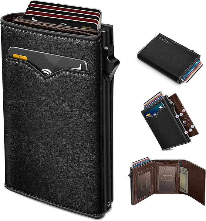 miyozi Wallet for Men,with Cash Pocket 2 ID Window 9-13 Cards,Metal Case Smart Slim Pop Up Credit Card Holder Flip with Magnetic Closure RFID Blocking Trifold wallet with Gift Box