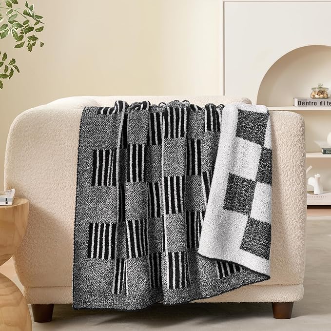 Snuggle Sac Black Faux Fur Checkered Blanket Twin Size with Soft Knitted Microfiber,Reversible Soft Cozy Warm Blanket for Sofa Bed,Lightweight Striped Blankets for Women,Heather Black,60x80 inches