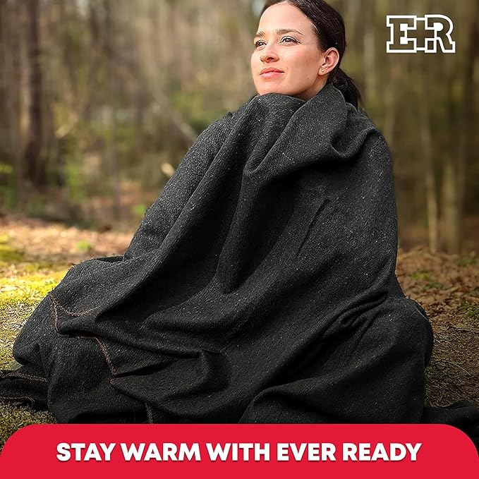 Ever Ready First Aid Military Wool Blanket 80% Wool - Warm, Washable, Perfect for Outdoors, Camping, Picnics, Travel, Car & Bushcraft Emergency Blanket, 96" x 66", 5 lbs. - Grey – Twin Size