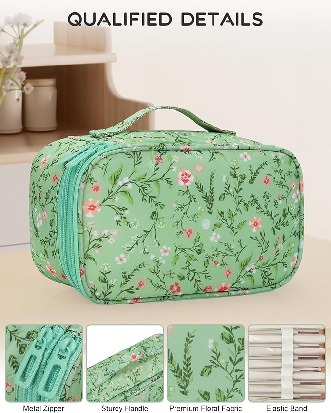 Relavel Small Makeup Bag, Travel Floral Cosmetic Bag with Makeup Brush Compartment, Portable Makeup Pouch for Women, Double Layer Makeup Organizer Bag Cute Toiletry Bag, Green Floral