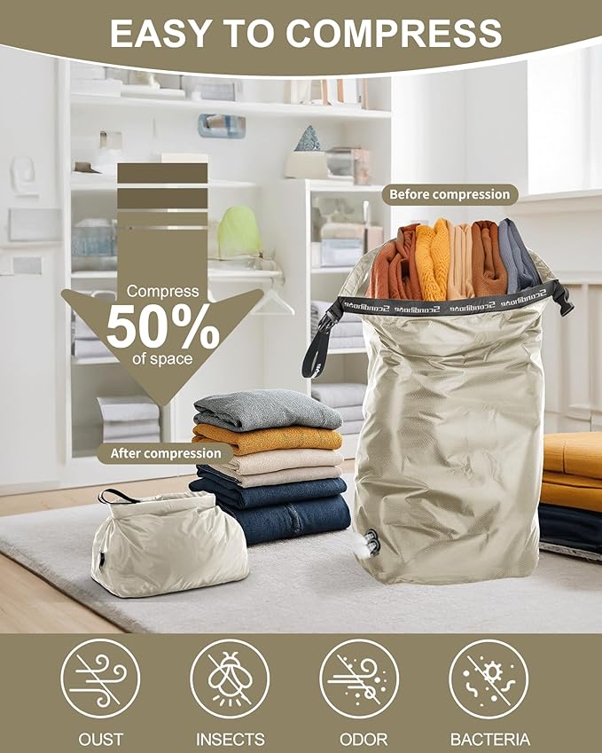 Travel Compression Laundry Bag, Pump-Free Vacuum Space Saver Bag for Dirty Clothes, Reusable Waterproof Wet Dry Bag, Travel Laundry Bag for Luggage, Packing, Suitcase (1 Pcs)(Gray, M)