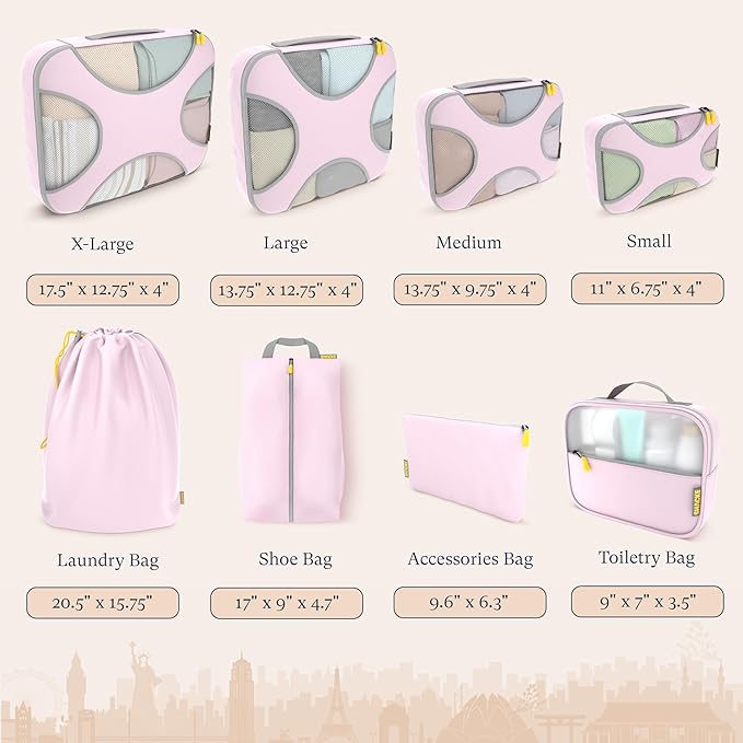 Shacke Packing Cubes for Travel 8 Set - Compression Luggage Organizer Bags - Versatile Travel Organizer for Women and Men - Optimized Packing Bags - Travel Essentials (Petal Pink)