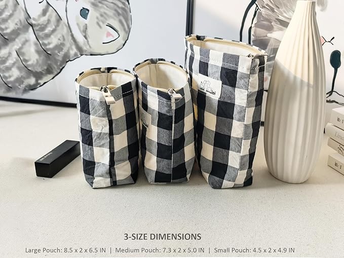 HAPPYHEIDI Large Cotton Black White Checker Makeup Bag with Compartment Cosmetic Toiletry Travel Pouch,Purse Accessory Organizer,Canvas Lined