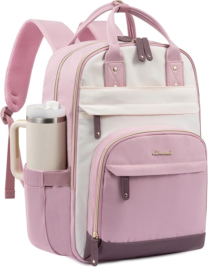 LOVEVOOK Laptop Backpack for Women with Giant Tumbler Holder Pocket,18.4 inch School College Bookbag Nurse Teacher Backpack,Work Travel Backpack Purse Laptop Computer Bag,Pink-Off-white-Light pink