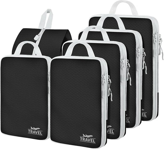 6 Set Compression Packing Cubes, Suitcase Organizer, Lightweight Travel Essentials, Compression Bags For Travel Accessories Luggage Storage Set (6Pcs, Black)