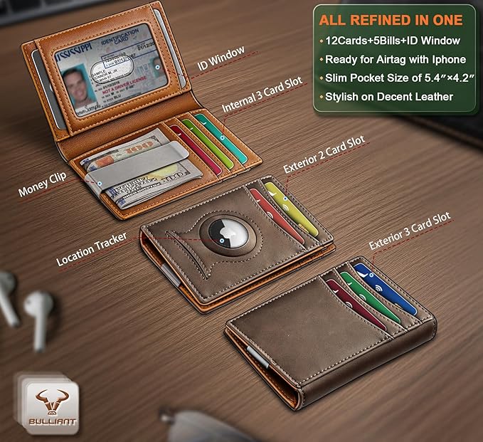 BULLIANT Men Airtag Wallet,Slim Wallet Money Clip Card Holder Magnetic Closure 12 Cards in Front Pocket RFID Blocking