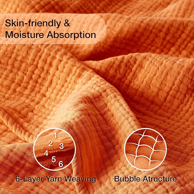 100% Cotton Muslin Blanket Queen 90" x 90", 6 Layers Breathable and Lightweight Cotton Throw Blankets for Bed, Soft Cooling Summer Gauze Blanket for Adults All Season, Orange