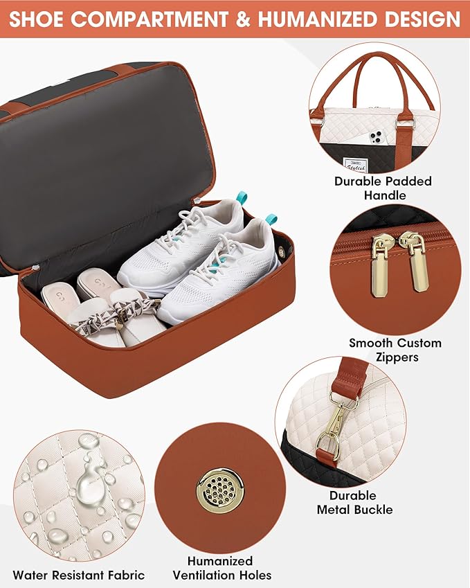 Weekender Bags for Women Duffle Bag - Travel Bag for Women with Shoe Compartment Carry On Overnight Bag Yoga Gym Bag with Wet Pocket Hospital Bag Labor Delivery Black Beige Brown