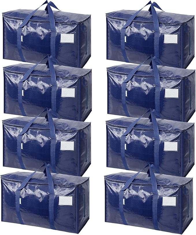 TICONN 8 Pack Extra Large Moving Bags Heavy Duty with Zippers & Carrying Handles, Durable Storage Bags Moving Boxes for Closet Organizers and Storage (8 Pack, Navy)