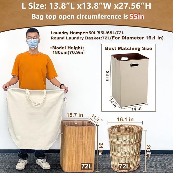Canvas Laundry Bags with Handles & Square Base 13.8"Lx13.8"Wx27.6"H, Large Heavy Duty Laundry Hamper Bag, College Dorm Washable Drawstring Canvas Dirty Clothes Sack (Beige,1 Pack)
