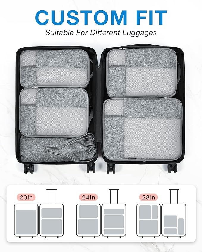 BAGSMART Compression Packing Cubes for Travel, 6 Set Packing Cubes for Carry on Suitcases, Compression Travel Cubes & Suitcase Organizer for Packing with Shoe Bag Grey