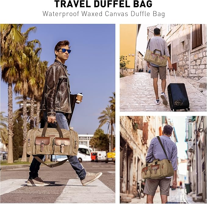 Wildroad Waxed Canvas Genuine Leather 50L Waterproof Duffle Bag - Vintage Travel Weekender Overnight Carry On
