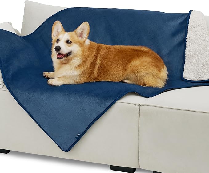 Bedsure Cat Blanket for Indoor Cats - Waterproof Calming Cat Blankets for Couch Protection, Sherpa Fleece Pet Blanket, Soft Plush Reversible Throw Furniture Protector, 50"x40", Blue