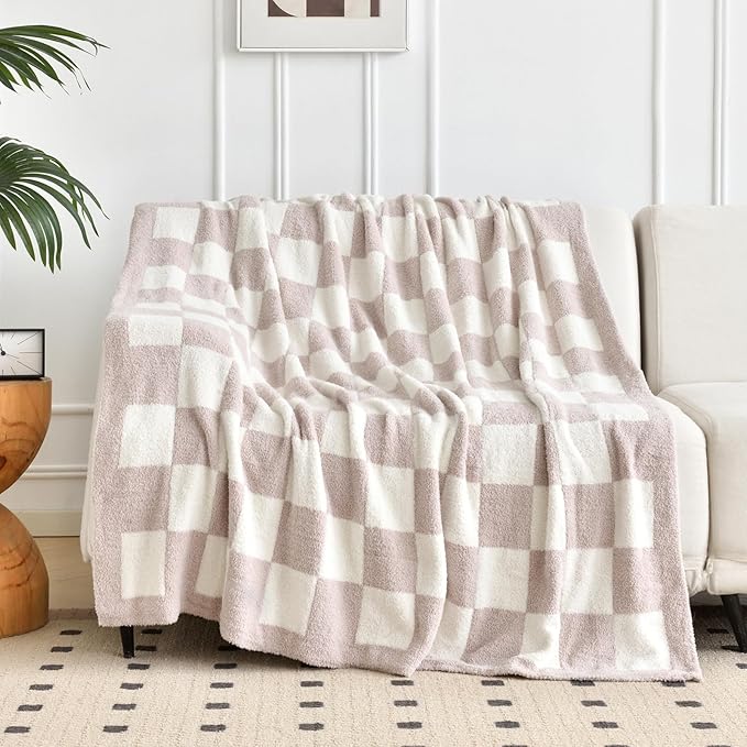 Checkered Blanket, Cozy Soft Throw Blankets for Couch Bed, Fluffy Plaid Lightweight Comfy Travel Picnic Blanket Gifts for Sofa Chair Living Room Camping (Ivory White, Throw 50"x60")
