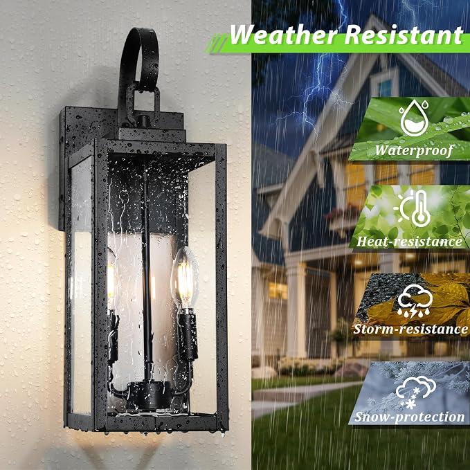 18" Large Outdoor Wall Light, 2-Light Black Exterior Sconce | Waterproof, Rust-Resistant, Durable Metal with Clear Glass, Standard E12 Socket, Easy to Install