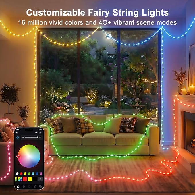 OMIKA Fairy Lights Plug in, 66FT 200 LED Smart String Lights Plug in with Remote & APP Controlled, Warm White + RGB Music Sync Timer, Twinkle Lights for Bedroom Classroom Holiday Christmas Decor