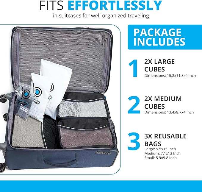 bago 7 Pcs Packing Cubes for Travel - 4 Travel Packing Cubes for Suitcases with 3 ZipLock Bags - Luggage Organizer Bags to Get Maximum Storage, Save Time & Effort to Pack (Black)