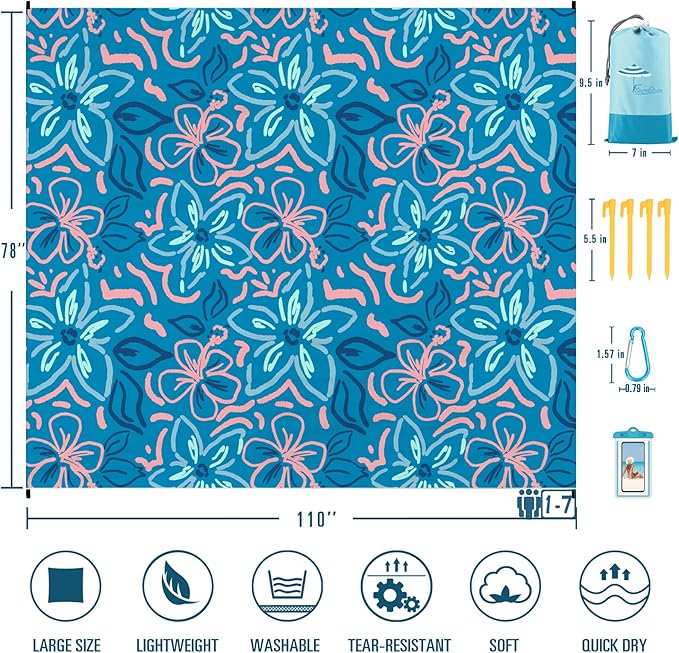 Famstar Beach Blanket Sandproof Waterproof 78''×110'' 1-7Adults Oversized,Compact Lightweight Durable Beach Mat for Travel Camping Hiking Picnic Blanket