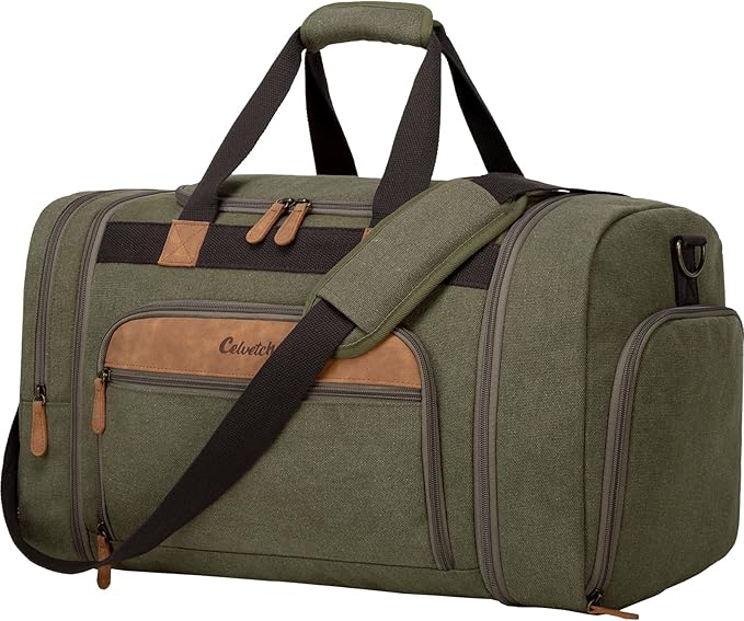Canvas Duffle Bag for Travel 50L Expandable Travel Duffel Bags for Men Women Weekender Overnight Bag with Shoes Compartment - Army Green