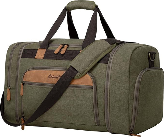 Canvas Duffle Bag for Travel 50L Expandable Travel Duffel Bags for Men Women Weekender Overnight Bag with Shoes Compartment - Army Green