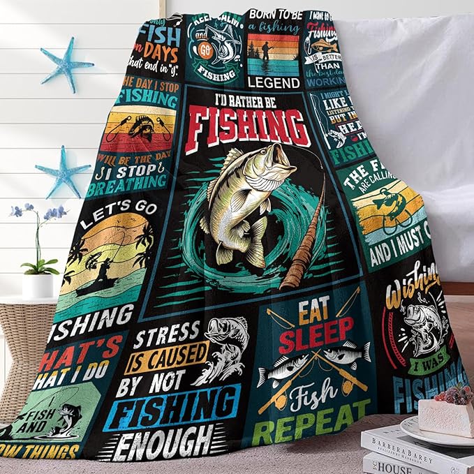 Fishing Gifts for Men Flannel Throw Blanket, Funny Present for Fisherman Hunter Dad Husband Kids Boys Women, Bass Fish Birthday Ideas, Humor Soft Blankets for Bedding Sofa 50"x60"