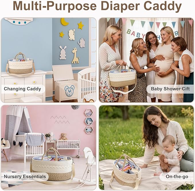 Baby Diaper Caddy Organizer, X-Large, 5 Grids, 8 Pockets, Shoulder Strap Portable Nursery Storage Basket with 2 Changeable Compartments, 100% Cotton Woven Rope Bins, Newborn Gift